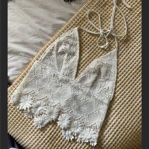 Off White Boho Lace Halter Crop Top with Adjustable Back